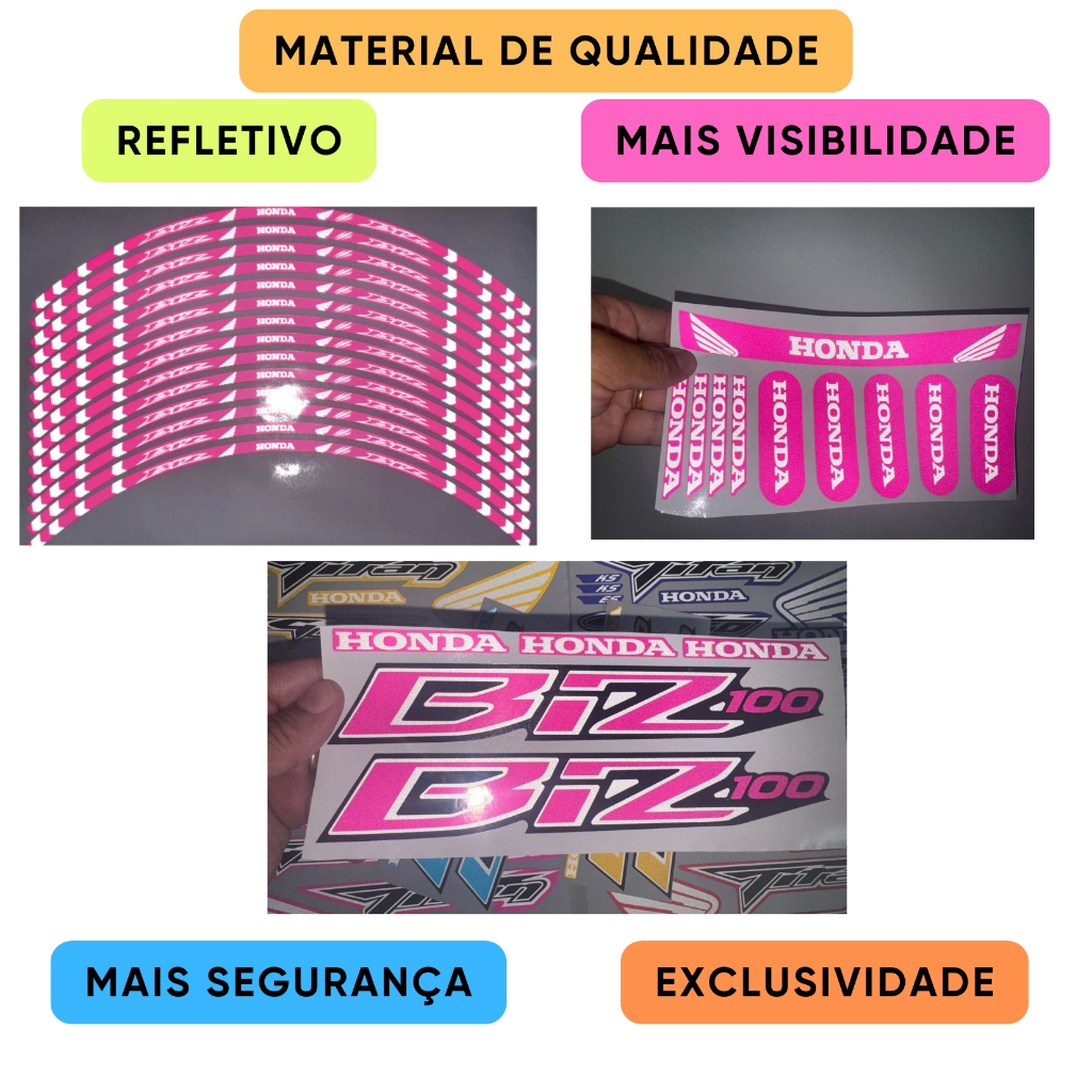 Kit completo adesivo Honda Biz 100, roda, Carenagem Lateral + Capacete Rosa, Azul, Amarelo, Vermelho