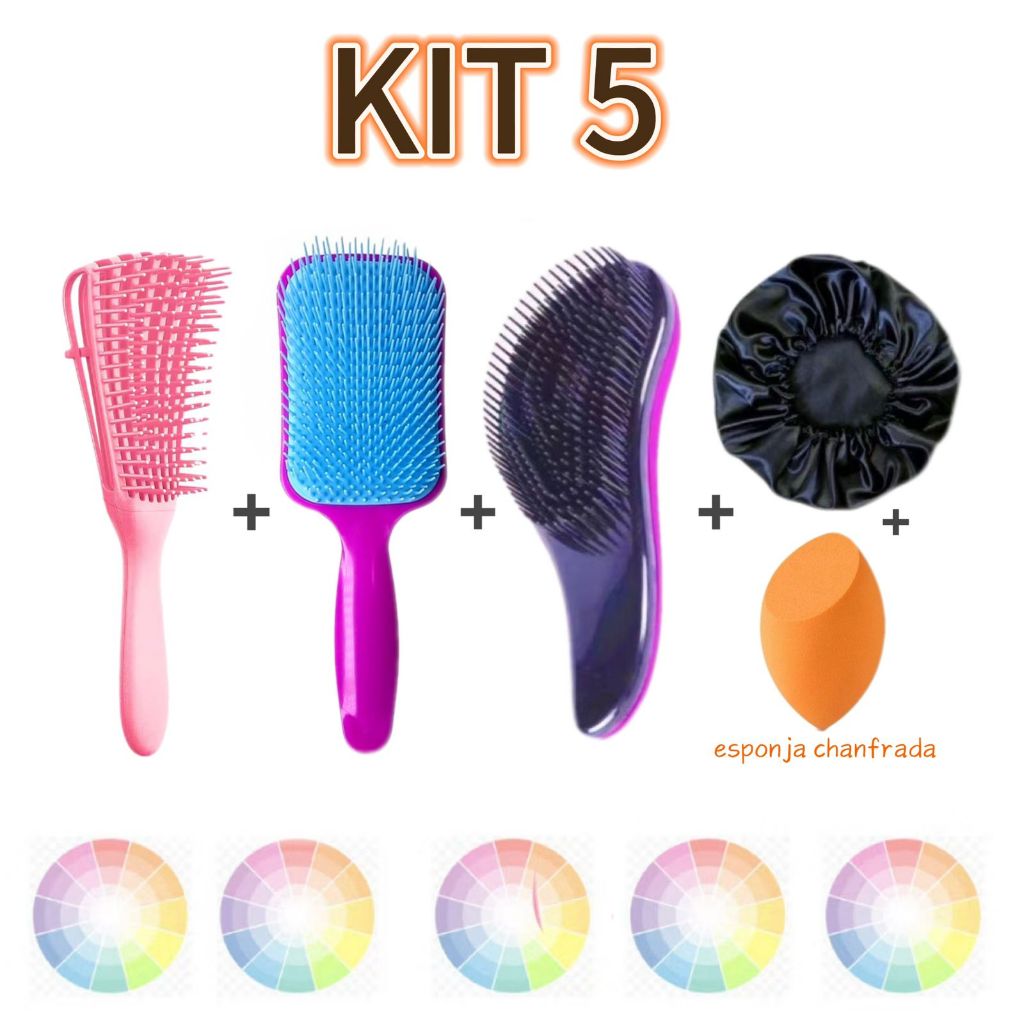 Kit Escova Raquete +  Escova Polvo + Escova Magica + Touca Cetim + Esponja Chanfrada
