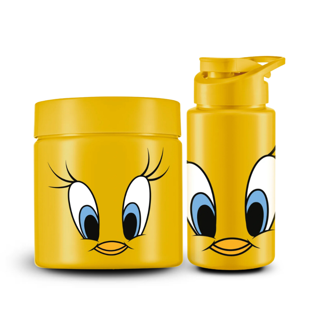Kit 2 Peças Para Lancheira Piu Piu Pote 550ml + Garrafa 500ml Lancheira Amarelo Escolar
