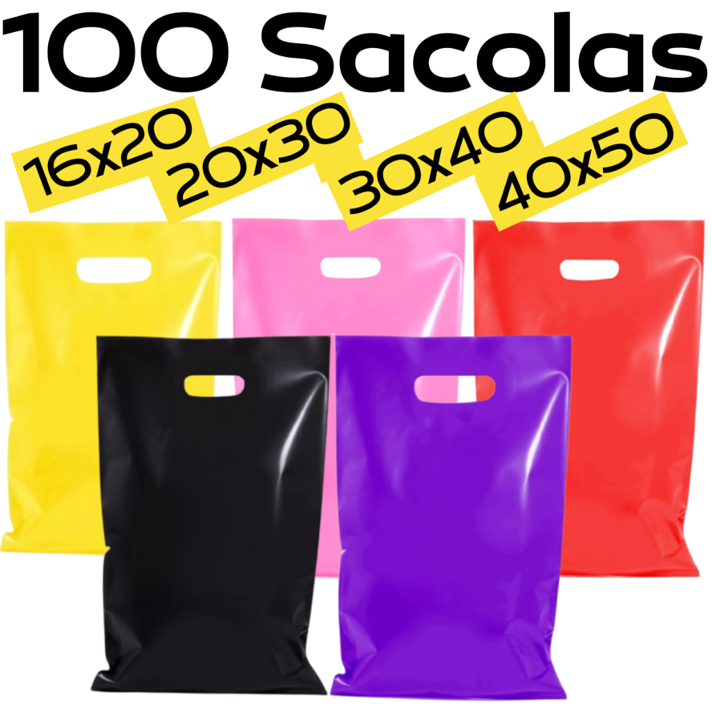 100 Sacolas Plásticas 16X20/20X30/25X35/30X40/40X50 Boca de Palhaço/Alça Vazada Sacola Lembrancinha em Oferta na Shopee