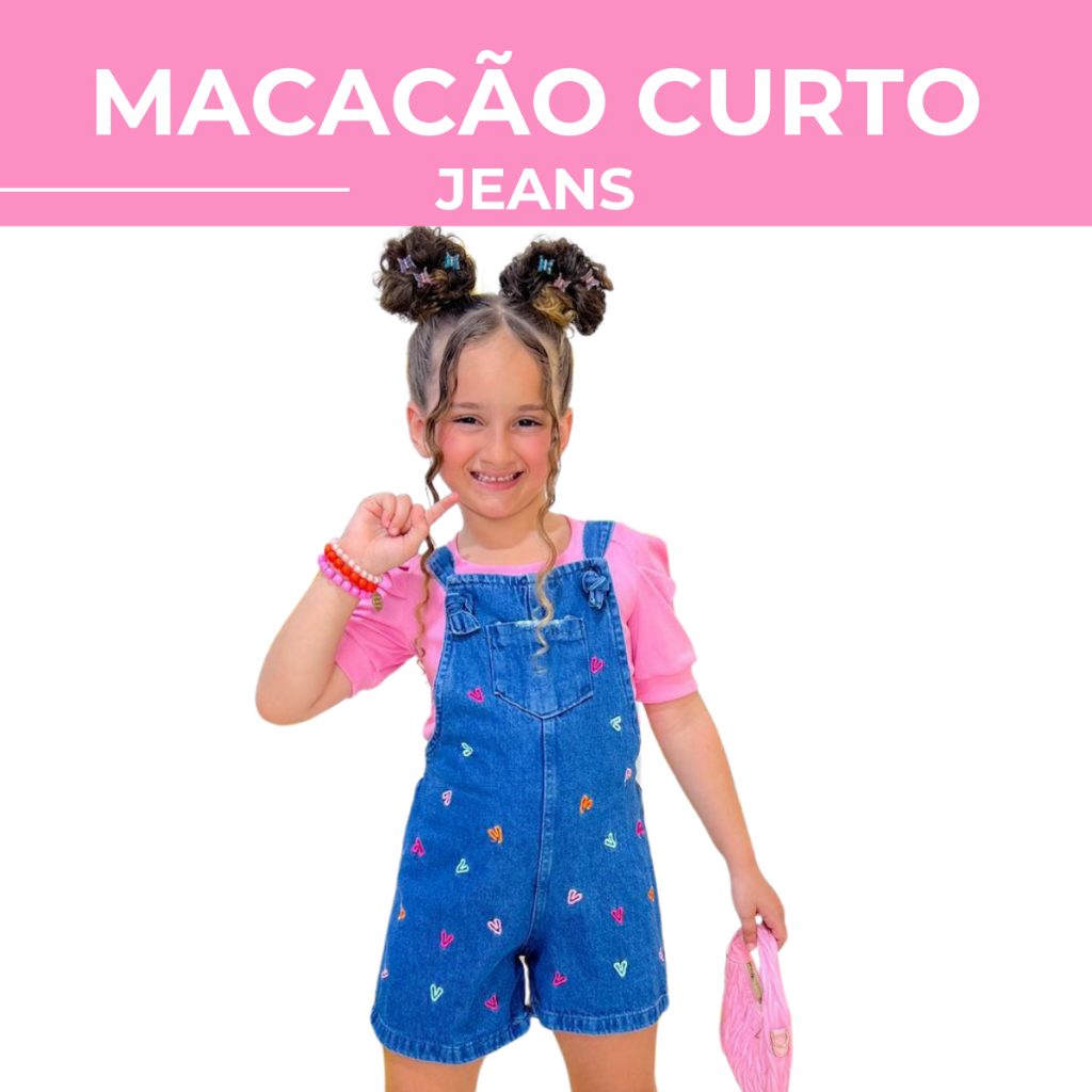 Conjunto Macacão Curto infantil Blusinha Canelada Menina Blusa Macaquito Jardineira Corações Coloridos Moda Look