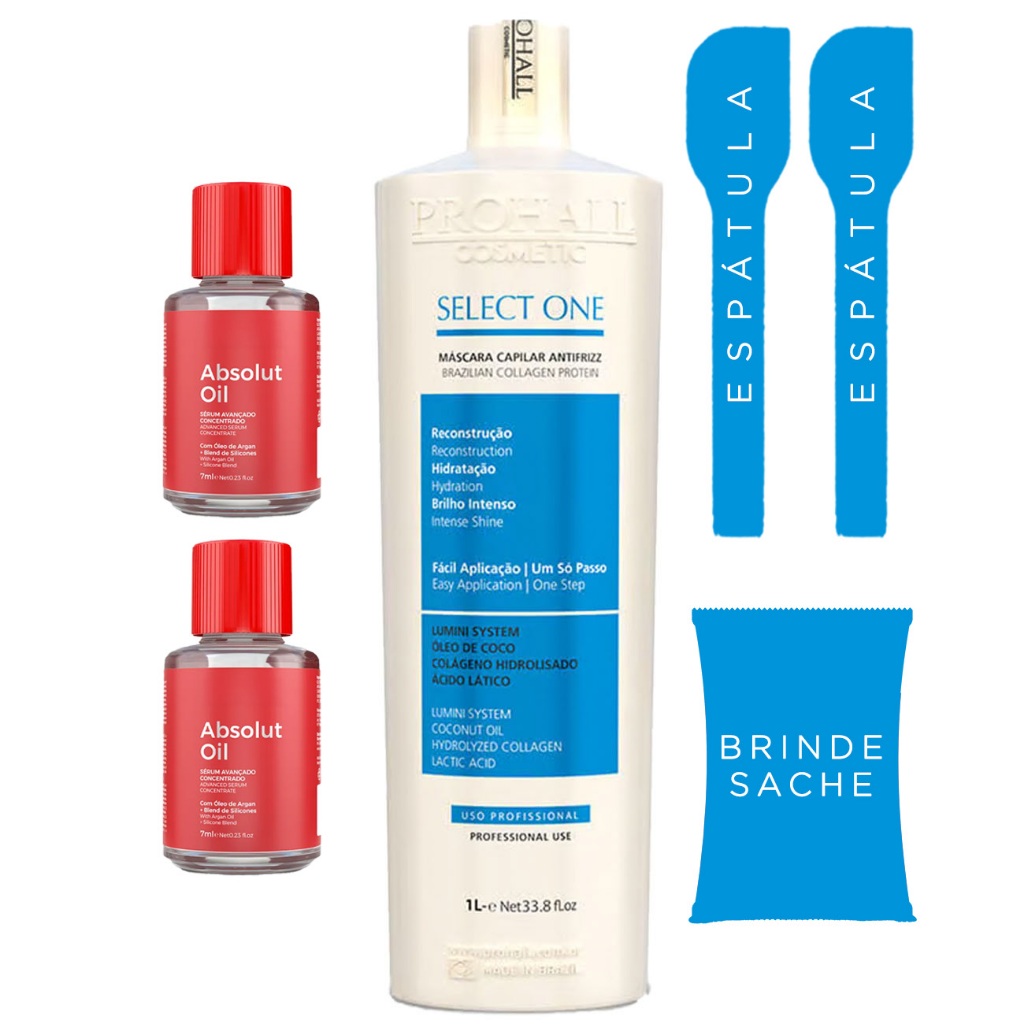 Prohall Select One  Escova Sem Formol 1L / 300ml + brindes da foto