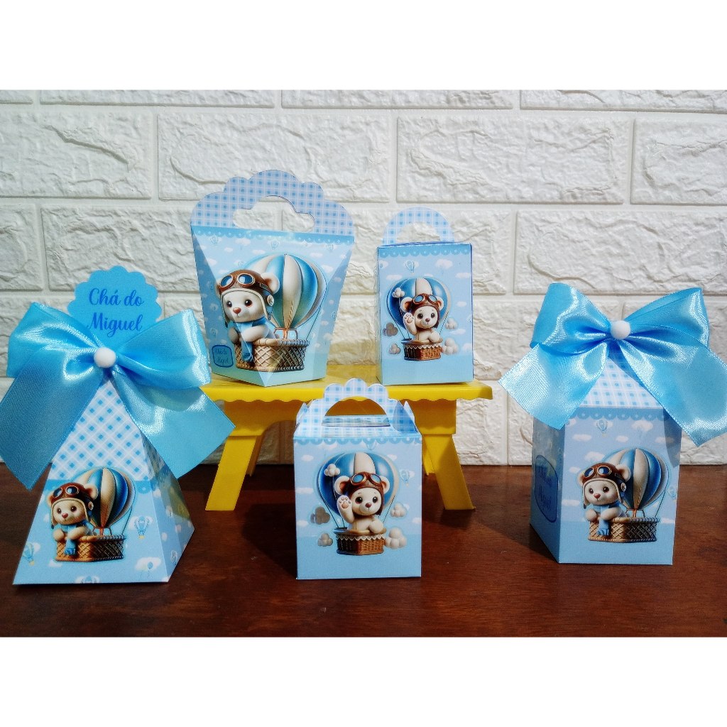 Kit Caixas Ursinho Personalizadas Baloeiro - Montadas e acompanha laço conforme foto.
