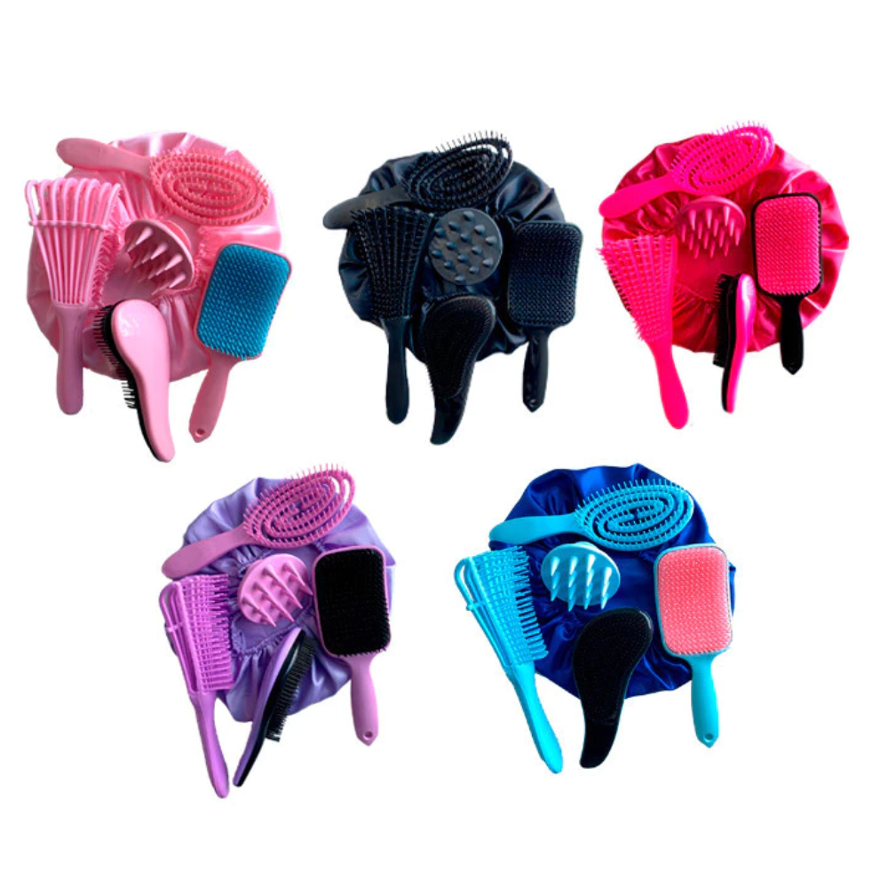 Kit 05 Escovas Flex/ Raquete Fashion /Polvo/Escova Mágica /Massageador de Silicone e Touca de Cetim Imperio em Oferta na Shopee