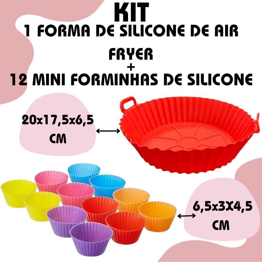 Kit 1 Forma De Air Fryer E 12 Mini Forminhas De Silicone Assadeira Cozinha Doces Salgados