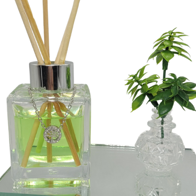 Kit 01 Frasco de Vidro Cubo Rutilo de  100 ml vaso de Ramo e Bandeja espelhada com Aroma