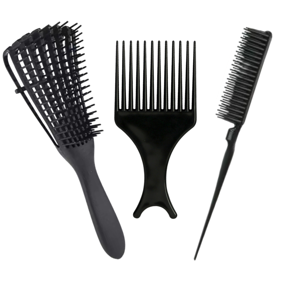 Kit Cuidados Para Cabelos Cacheados & Crespos CORES SORTIDAS - Escova Polvo - Pente tres fileiras & Pente Garfo. em Oferta na Shopee