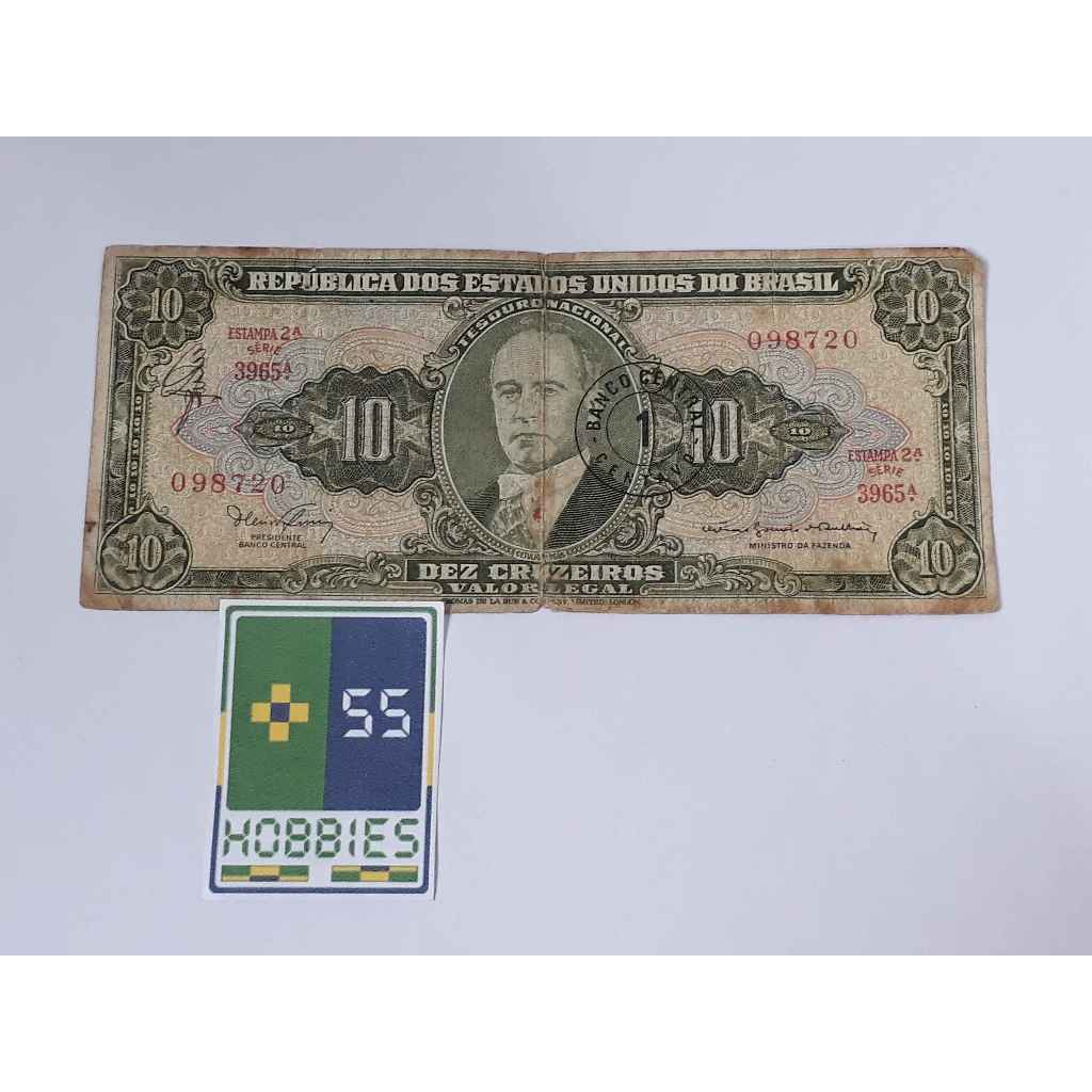 Dinheiro Cédula Antiga 1 Um Centavo do Cruzeiro Novo Carimbo em 10 Cruzeiros Getúlio Vargas