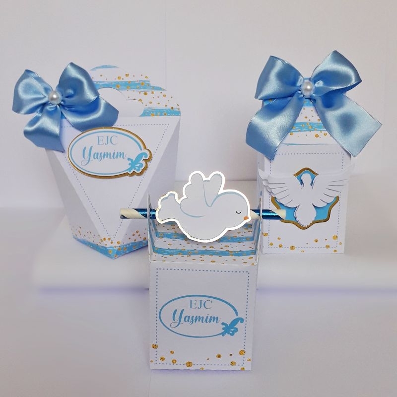 kit lembrancinha personalizada Batizado EJC Primeira Eucaristia azul PRONTO