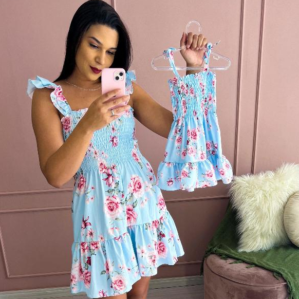 kit mãe e filha vestido curto lastex estampado adulto e infantil