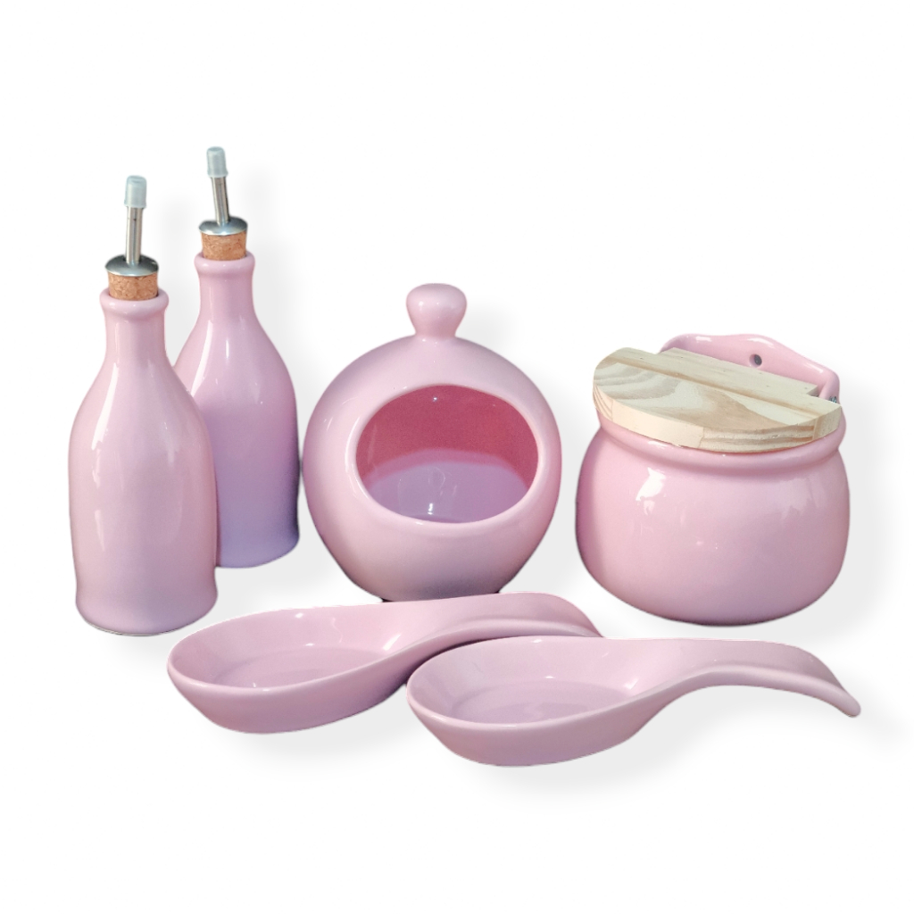 Kit Completo Cozinha Porta Azeite/Vinagre + Porta Alho + Saleiro + 2 Descanço de Talheres em Cerâmica Colorida