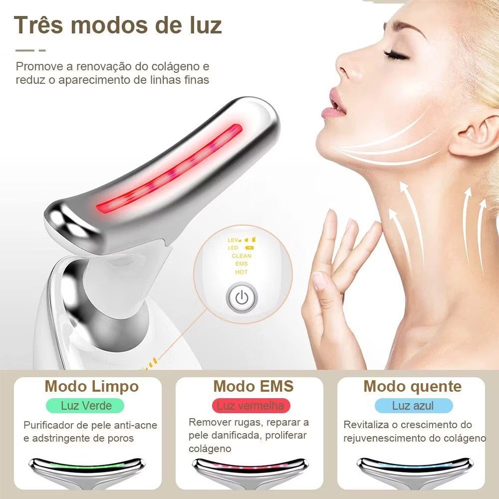 Massageador Portátil com Luz LED Vermelha/Azul/Verde - Redução Rugas e Estímulo Colágeno F...