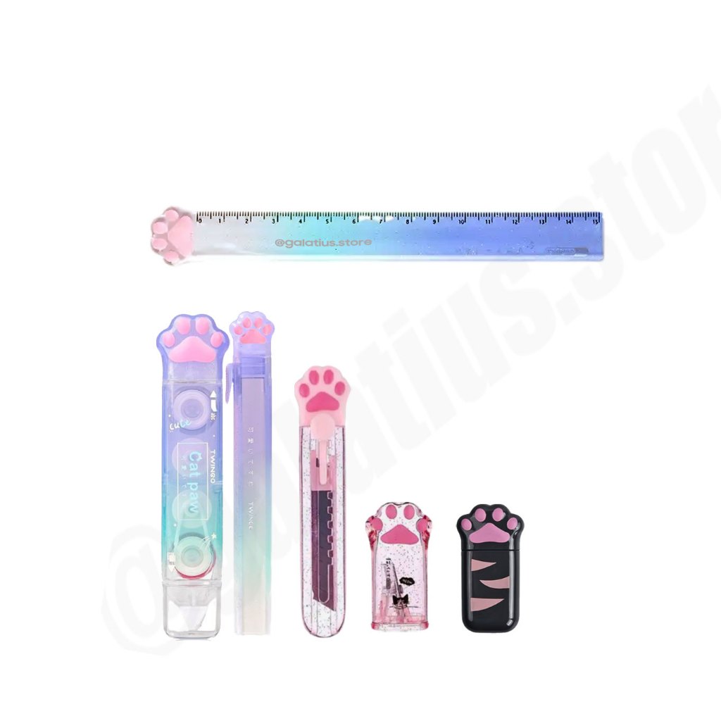 Kit Patinhas fofas de gato 6 Itens Apontador  Bastão 2 em 1 Cola e corretivo  Borracha Corretivo Estilete Régua oferta