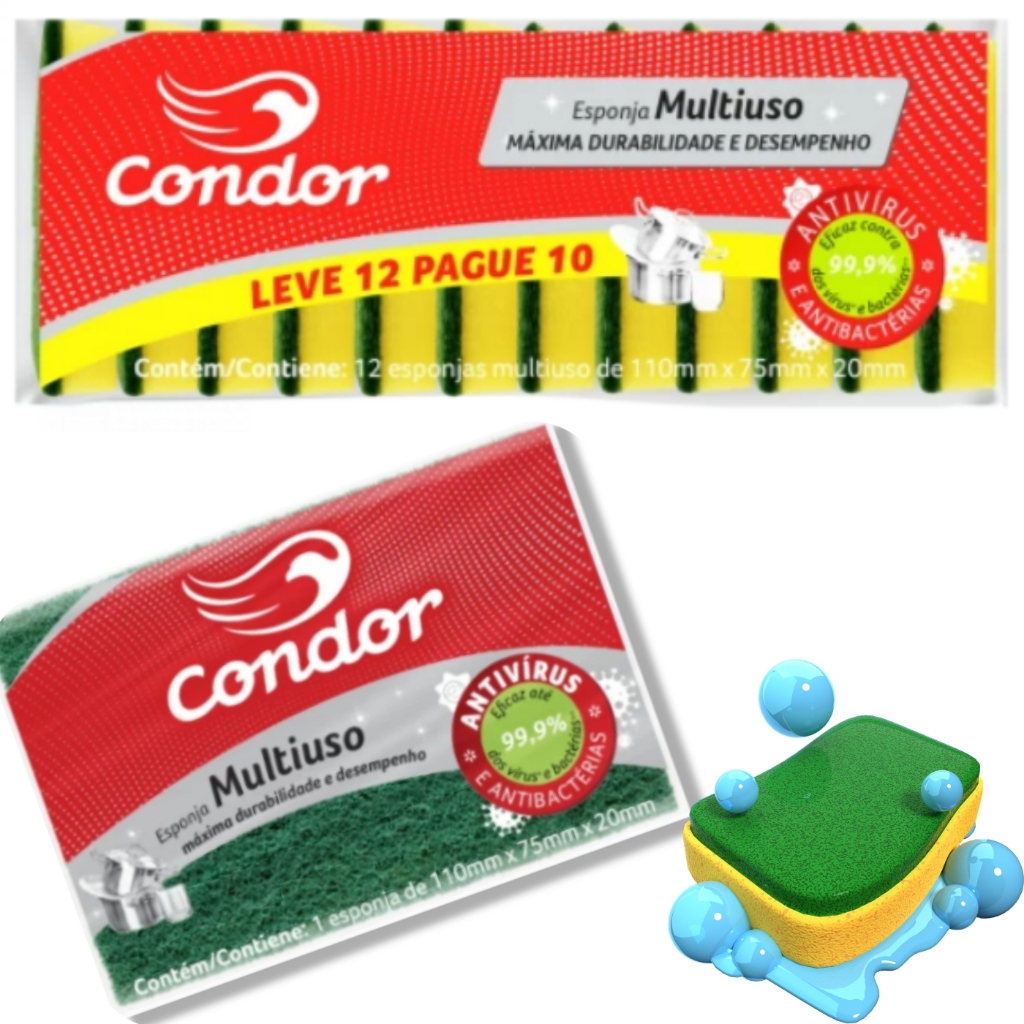 Kit com 12 Esponjas Multiuso Condor Antibactérias e Antivírus 99,9% de Eficácia Durabilidade Extra!