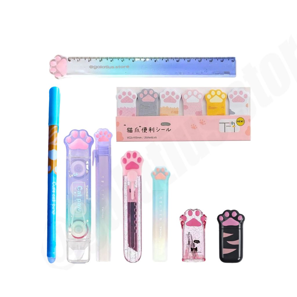 Kit patinhas de gato fofo material escolar 9 itens régua tesoura estojo adesivo  estilete corretivo borracha e mais