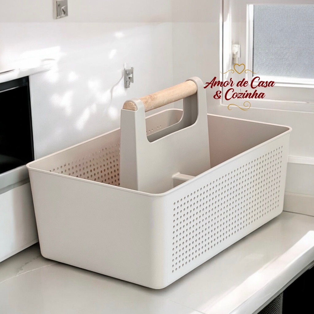 CESTO ORGANIZADOR MULTIUSO FLOW BEGE ALÇA DE BAMBU 34x22x21CM