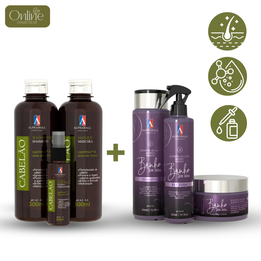 Kit 03 Cabelão 300ml + Kit 03 Banho de Seda Shampoo Mascara Tonico BB Cream Liso e Crescimento Alphahall nhhv65