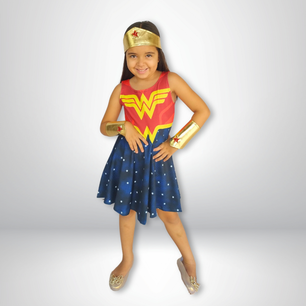 VESTIDO Infantil MULHER MARAVILHA Fantasia Menina Carnaval Super Heroina Cosplay