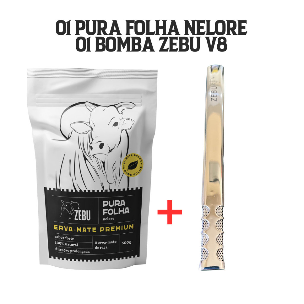 KIT01 ERVA-MATE PURA FOLHA-NELORE ZEBU + BOMBA V8 INOX PREMIUM + BRINDE
