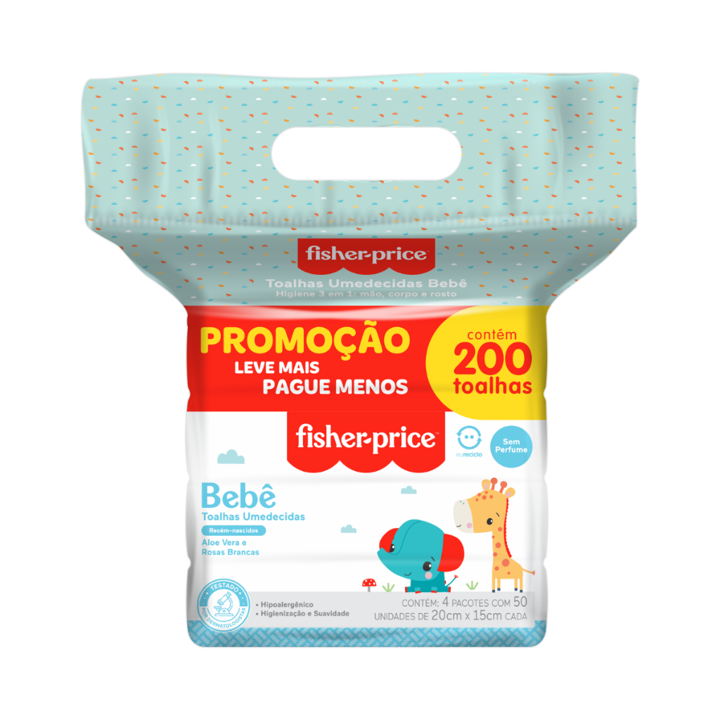 Toalha Umedecida Fisher Price Sem Perfume Pack 200 Folhas (4undX50fls)
