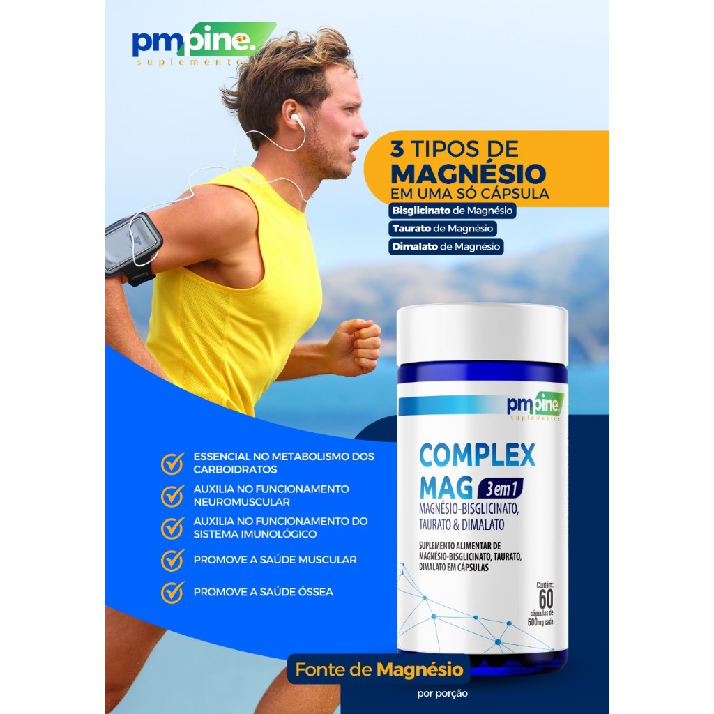 COMPLEX MAG 3 EM 1, MAGNÉSIO-BISGLICINATO, TAURATO E DIMALATO 60caps
