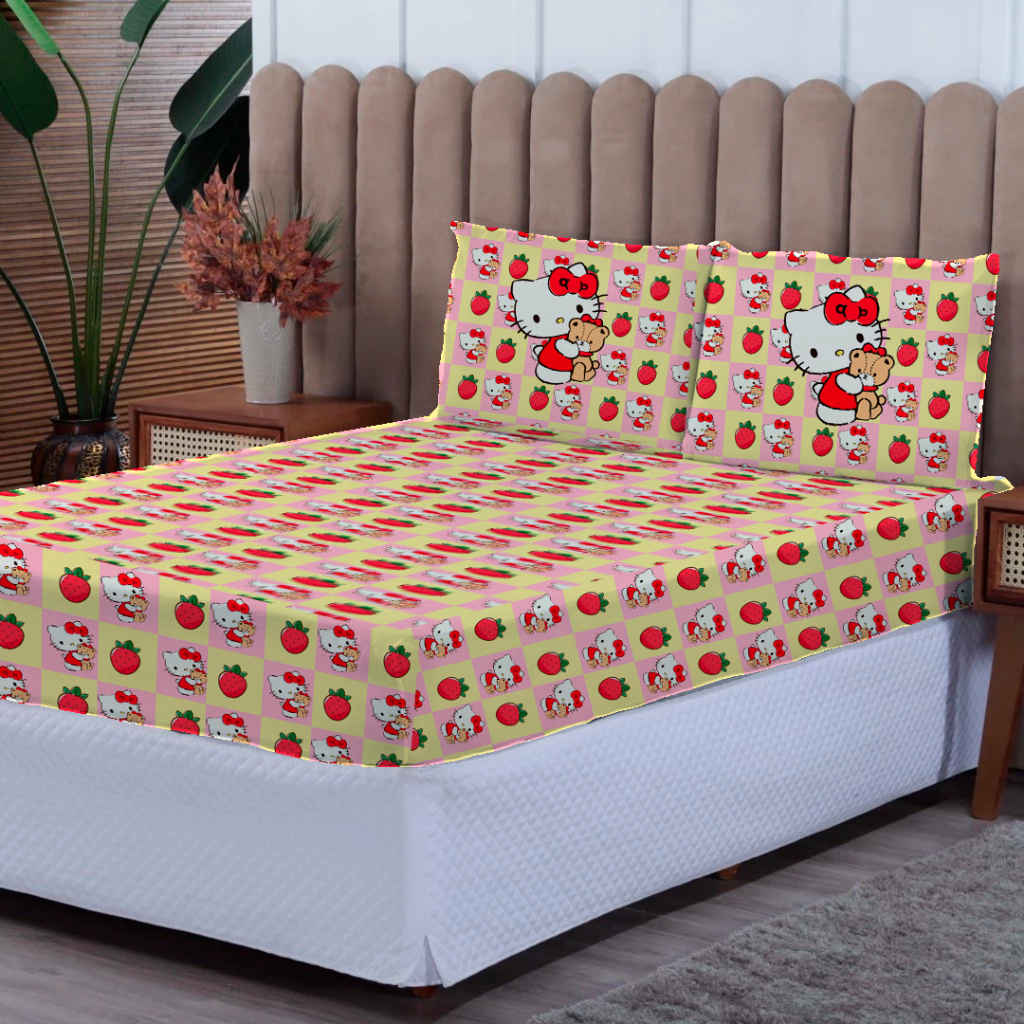 Kit lençol Casal Hello Kitty Cute Morango 3 peças - Casal Solteiro Queen - kit lençol em Oferta na Shopee