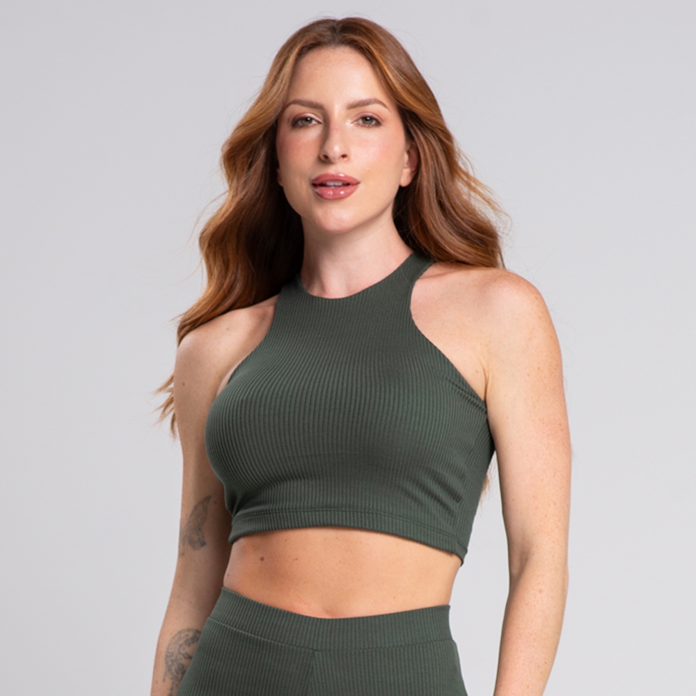 Top Cropped Duplo Embutido Halter Nadador Canelado Premium