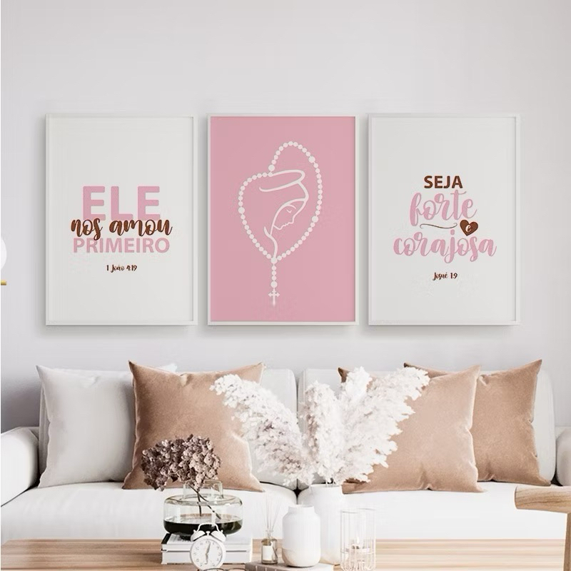 Kit 3 Peças Quadro Decorativo Nossa Senhora Terço Seja Forte e Corajosa Decoração Placa Mdf