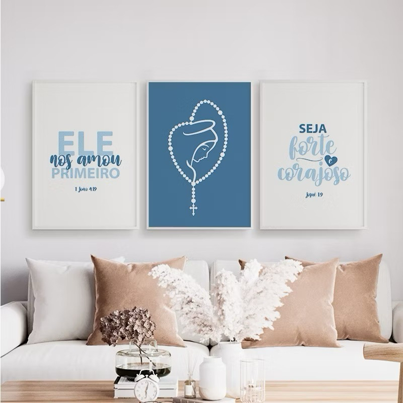 Kit 3 Peças Quadro Decorativo Nossa Senhora Terço Cor Azul Santa Decoração Quarto Sala Placa Mdf