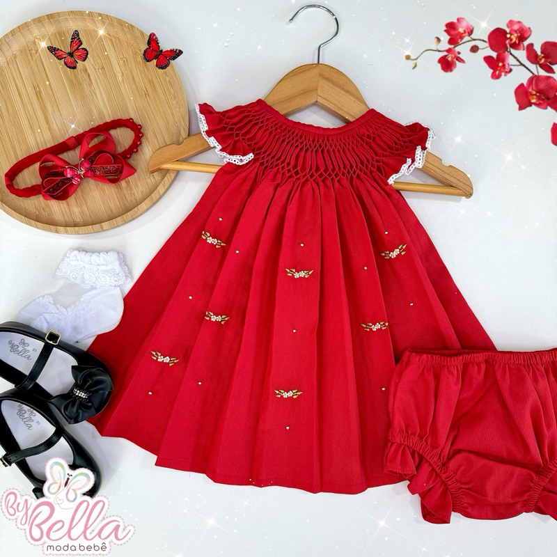 VESTIDO CASINHA DE ABELHA VERMELHO C/ CALCINHA NATAL INFANTIL BEBÊ BORDADO