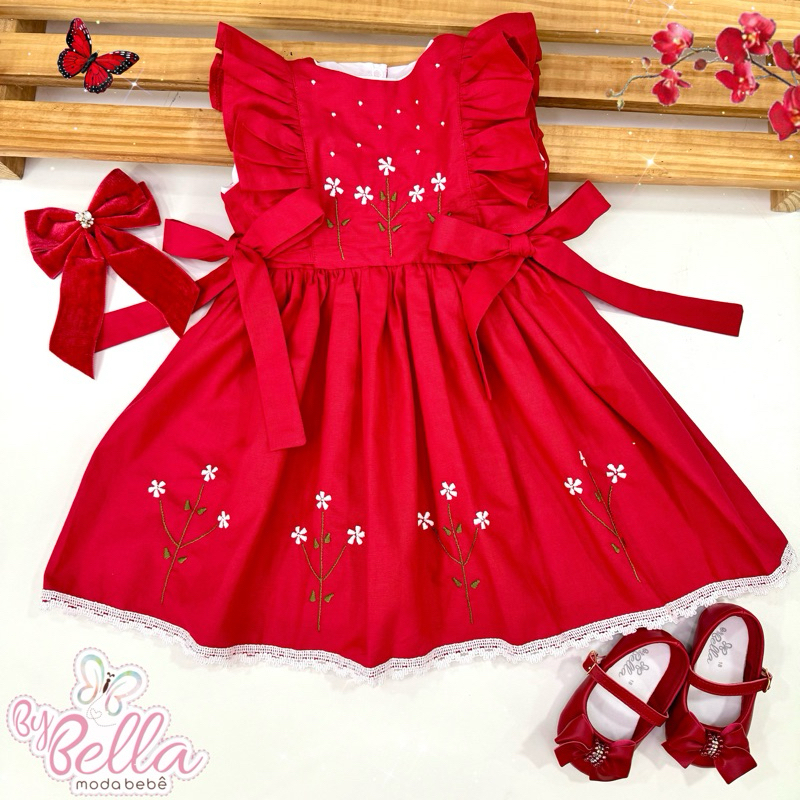 VESTIDO INFANTIL BEBÊ NATAL BORDADO ANTONELLA VERMELHO