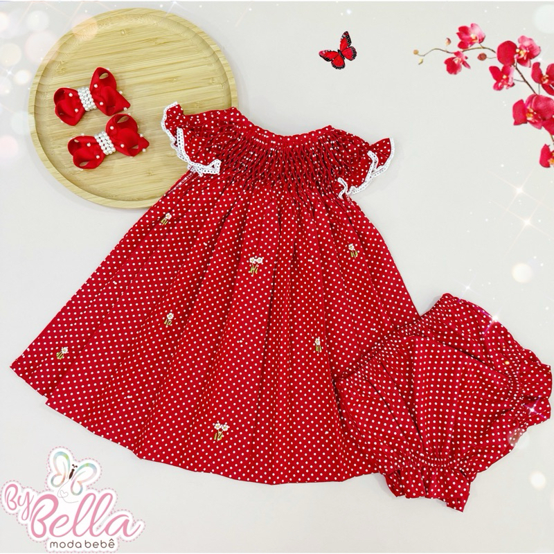 VESTIDO CASINHA DE ABELHA INFANTIL MENINA BORDADO VERMELHO POÁ COM CALCINHA