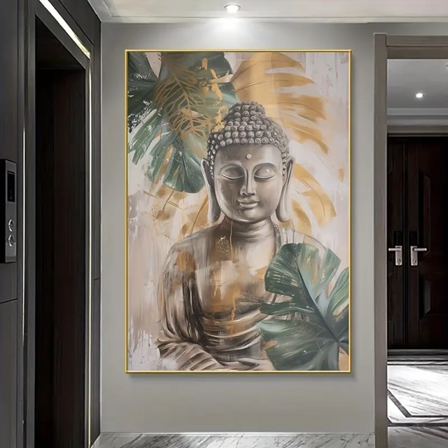 Imagem Quadro Decorativo Buda com Folhas Tropicais – Arte Zen Espiritual Moderna para Sala, Quarto ou Escritório