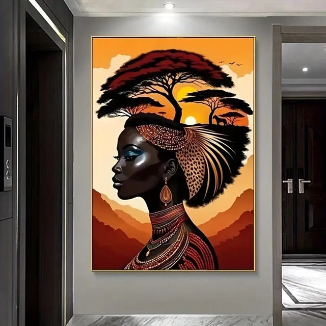 Quadro Decorativo Mulher Africana Arte Étnica – Paisagem Savana com Girafas e Pôr do Sol
