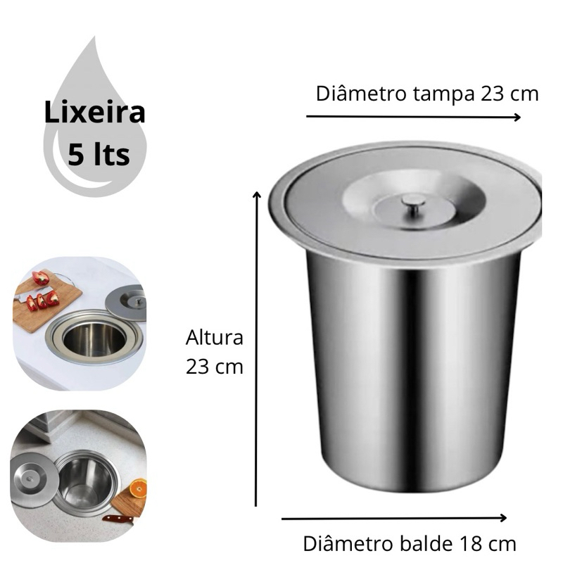 Lixeira de Embutir Inox 5 Litros Pia Gourmet Pia Granito