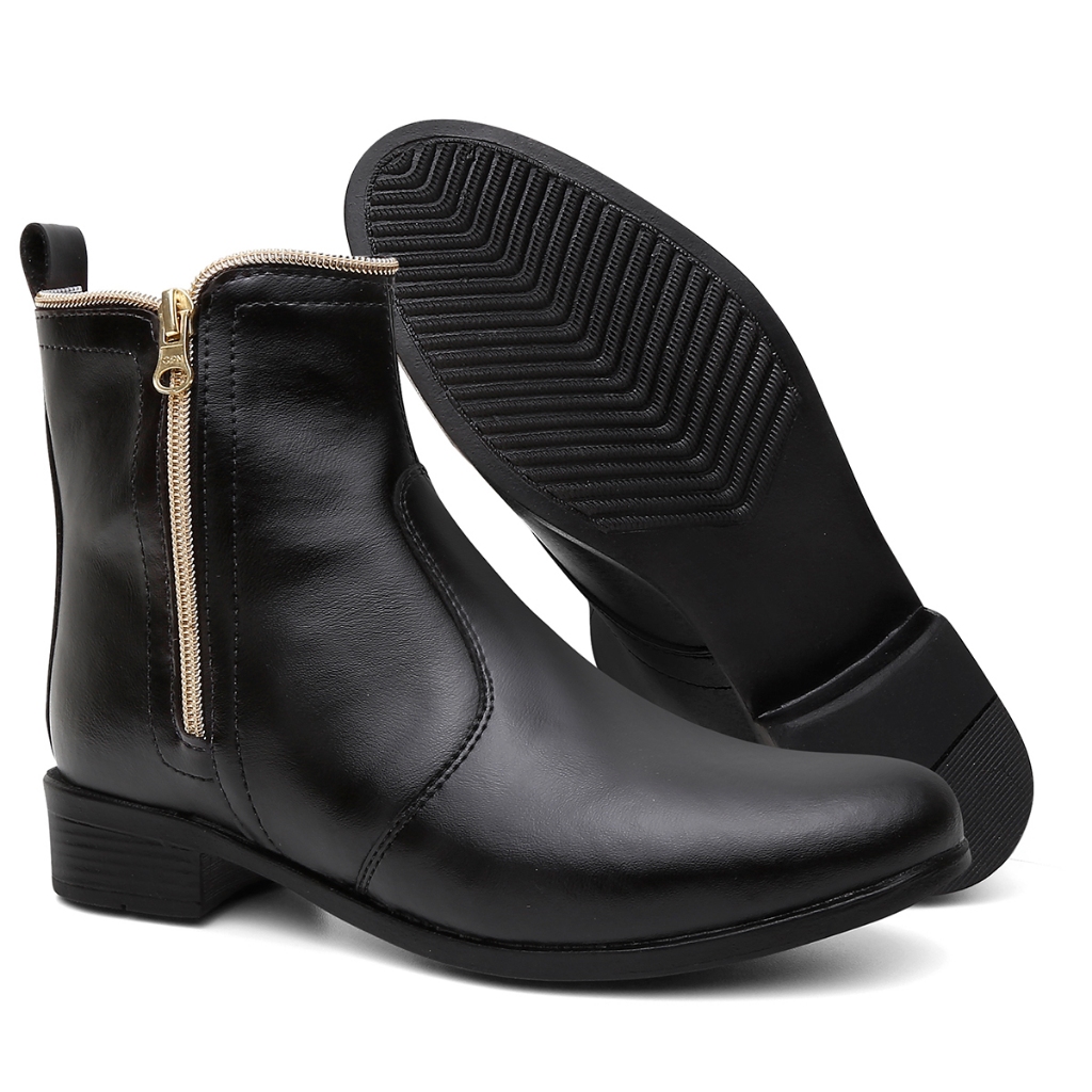 Bota Feminina Coturno Botinha Cano Médio Curto Blogueira Da Moda Bico Redondo Com Zíper Confortável