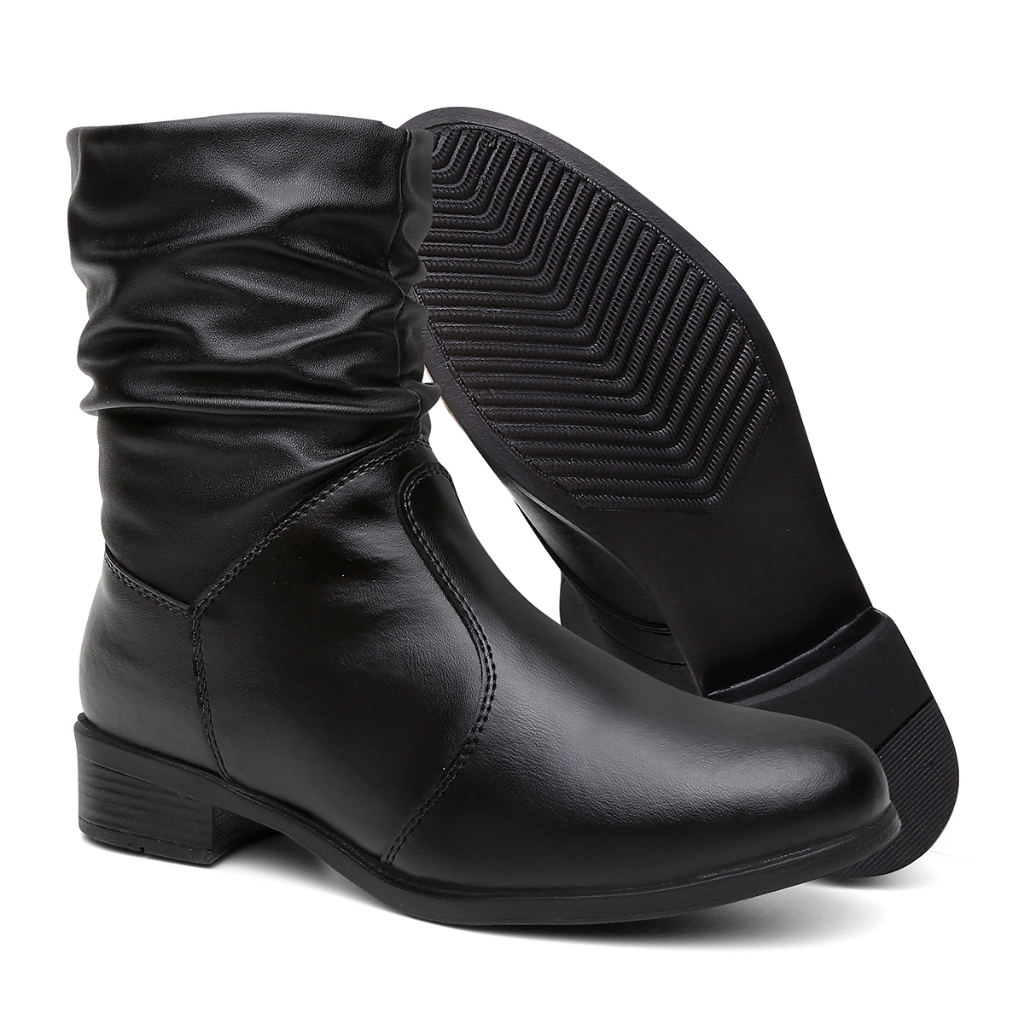 Bota Feminina Coturno Botinha Cano Médio Curto Enrugada Blogueira Da Moda Bico Redondo Confortável