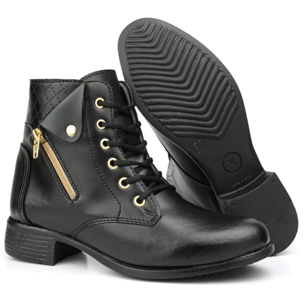 Bota Feminina Preta Coturno Botinha Cano Curto Bico Redondo Com Zíper E Fivela Super Confortável