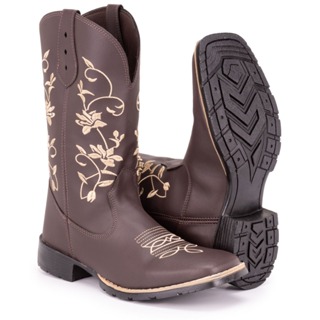 Bota Texana Feminina Country Bico Quadrado Solado de Borracha Ramos Café em Oferta na Shopee