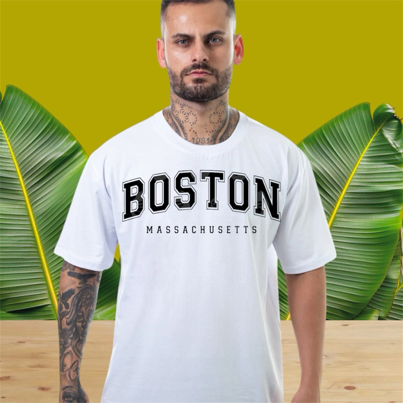 Camiseta Oversized Boston Estampado Masculino Streetwear Masculino Moda Verão Algodão