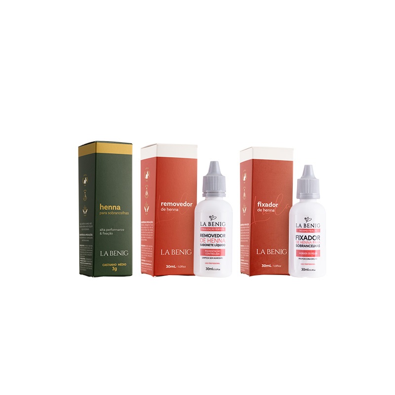 Kit Henna 2,5g + Removedor + Fixador La Benig todas as cores