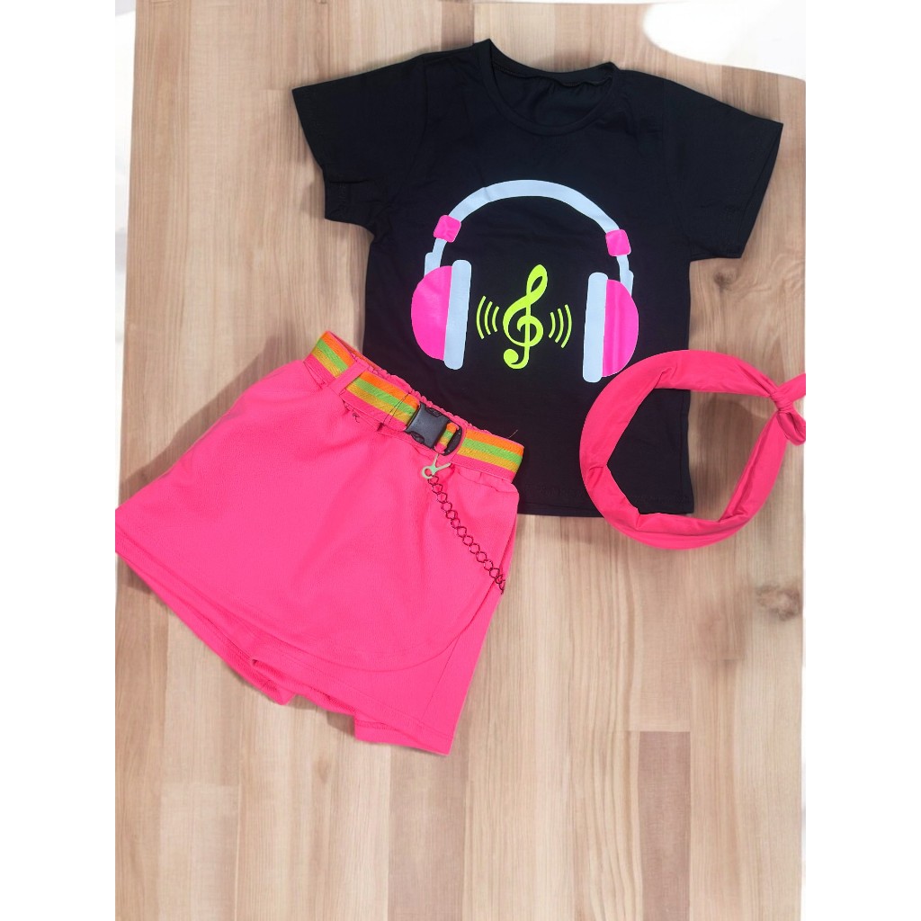 conjunto neon infantil meninas estilosa completo com cinto corrente e tiara em Oferta na Shopee