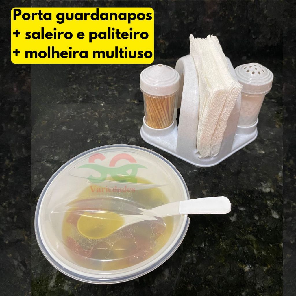 Kit Porta Guardanapo 3x1 Saleiro + Paliteiro + Molheira/Farinheira Com Colher e Tampa Plástico