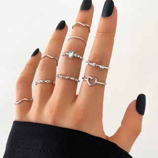 Conjunto 9 Anéis Minimalistas Coração Delicados Brilhante Prateado ou Dourado