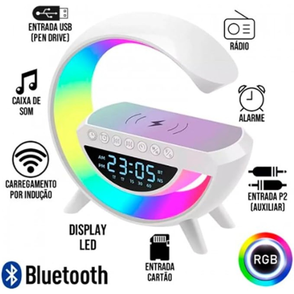 Caixa De Som Led Luminária Bluetooth Alto-Falante Carregador Sem Fio COM RELOGIO BT-2301 BT-3401