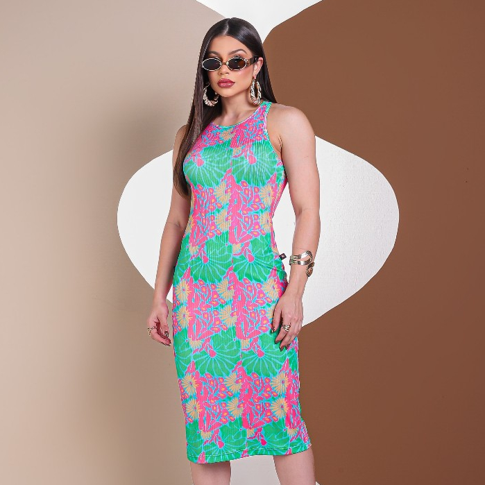 Vestido midi feminino regata canelado estampado decote nas costas tubinho versátil casual tendência P M G GG plus size