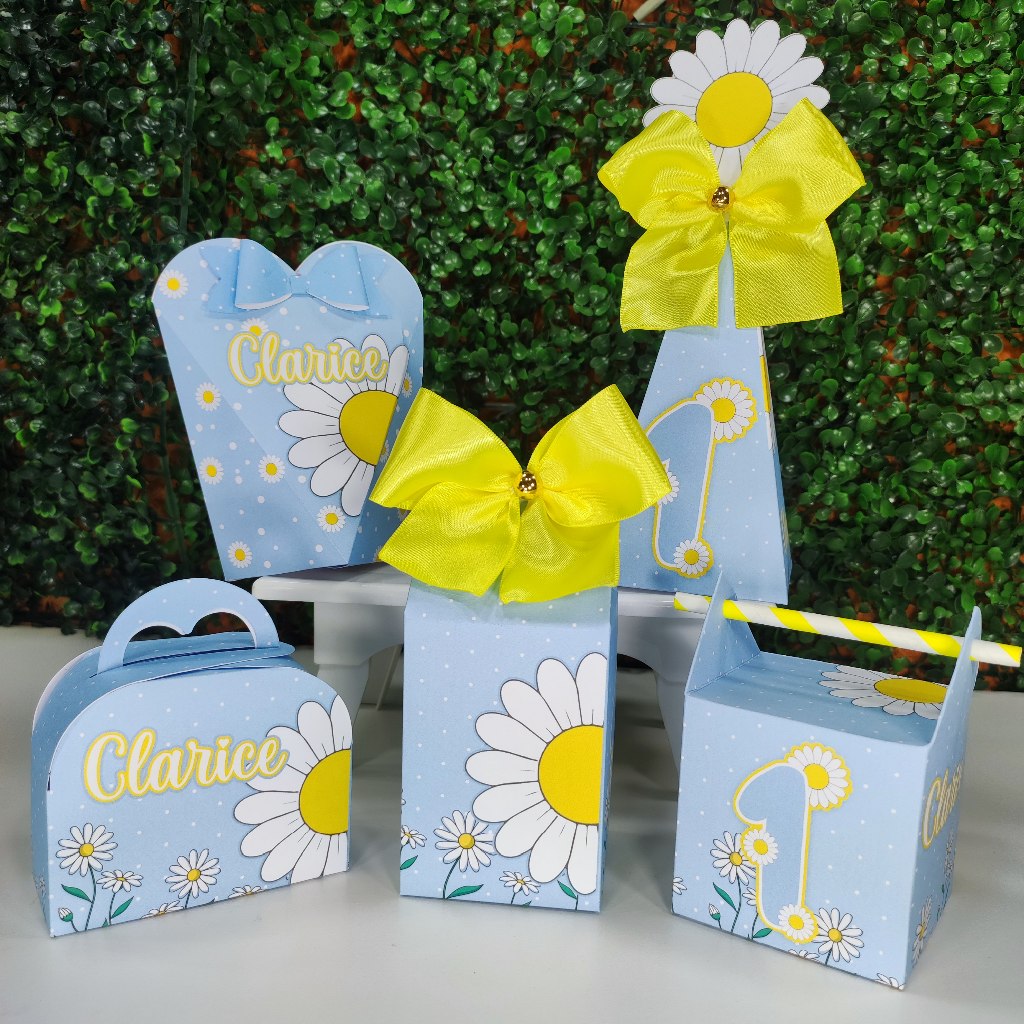 Lembrancinha Personalizada Margaridas Azul  Flor Florzinha Kit Festa Caixinhas Milk Pegue e Monte