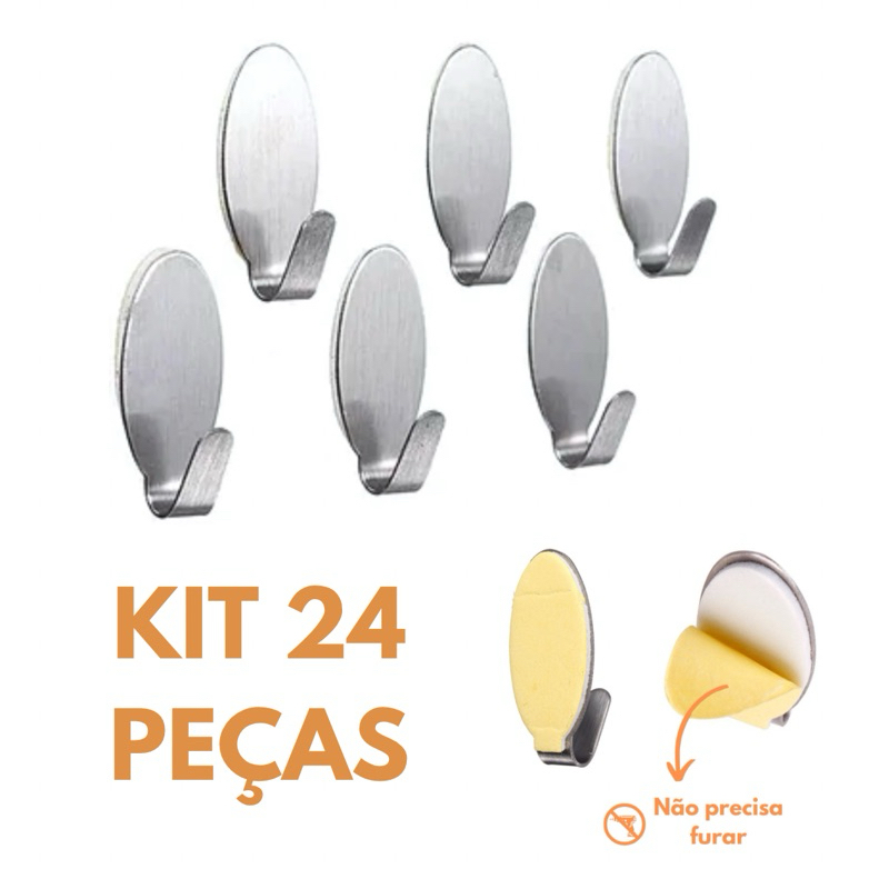 Kit 24 Gancho Adesivo de Parede Aço Inox 35mm Autocolante Cozinha Banheiro Casa em Oferta na Shopee