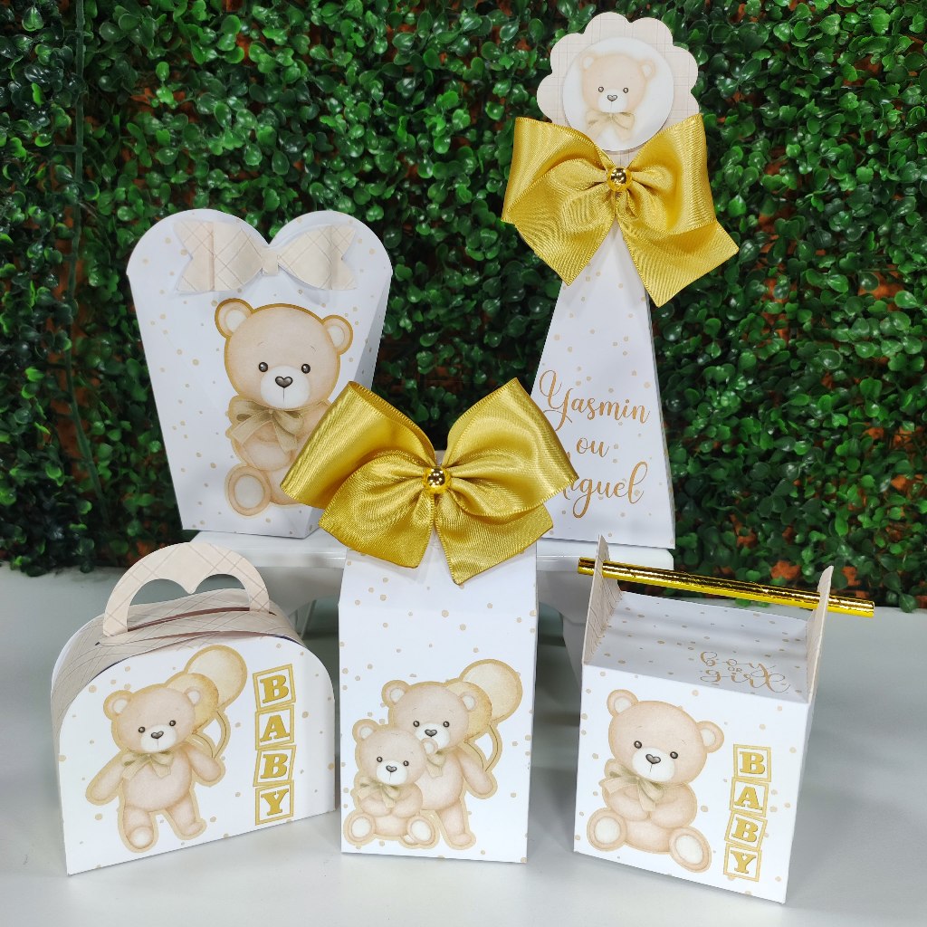 Lembrancinha Personalizada Ursinho Dourado Chá Revelação Kit Festa Caixinhas Pegue e Monte