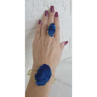 KIT CONJUNTO ANEL AJUSTÁVEL E PULSEIRA COM FECHO E EXTENSOR EM CHAPA DE ÁGATA AZUL BANHADO A OURO18K PAZ E EQUILÍBRIO em Oferta na Shopee